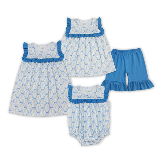 Flowers Bows Blue Print Sisters Summer Matching Clothes