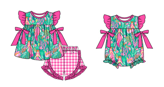 11.4(Custom Design Preorder MOQ 5 Each Design) Mermaid Seaweed Flowers Print Girls Summer Matching Clothes Sisters Wear