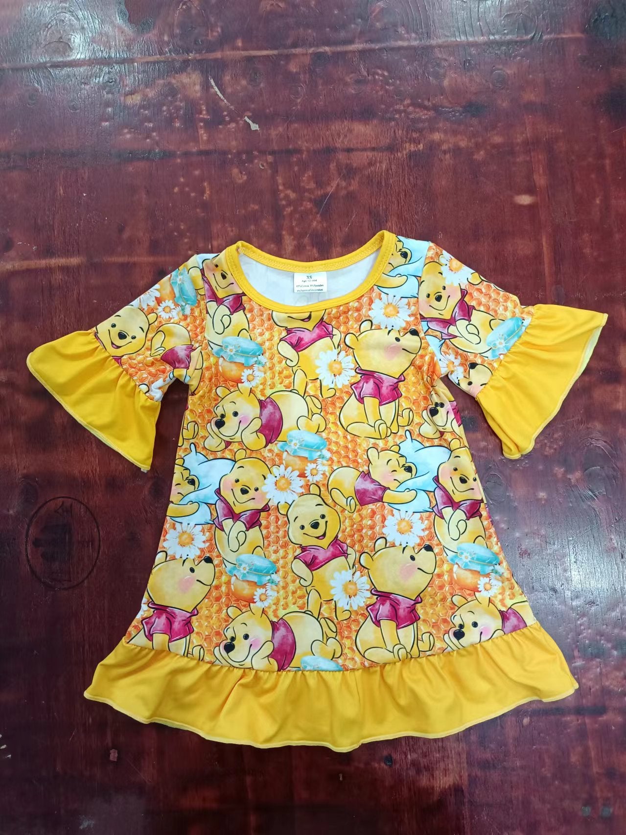 (Custom Design Preorder MOQ 5) Cartoon Bear Print Girls Knee Length Summer Dress