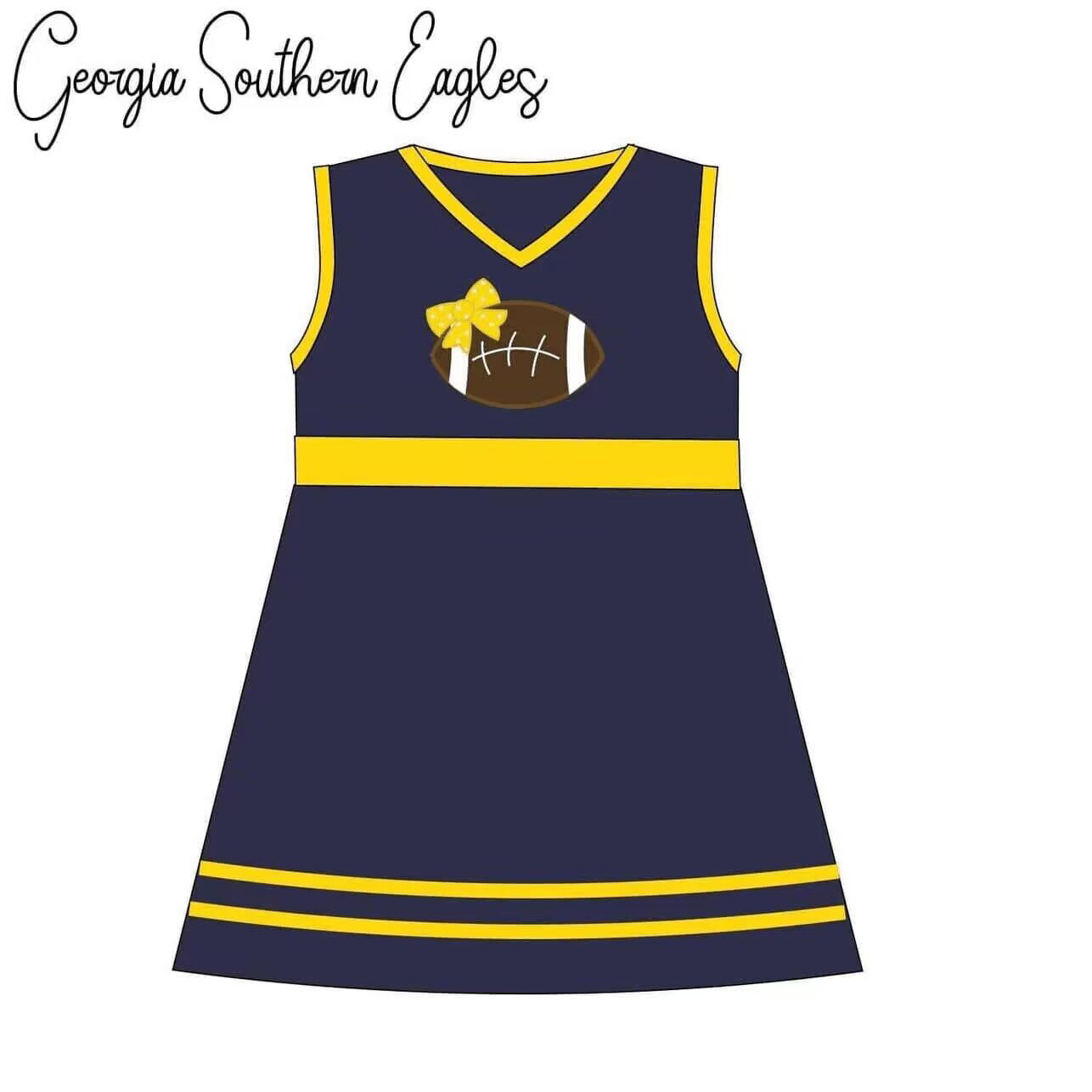 (Custom Design Preorder MOQ 5)  Navy Yellow Football Print Girls Knee Length Dress