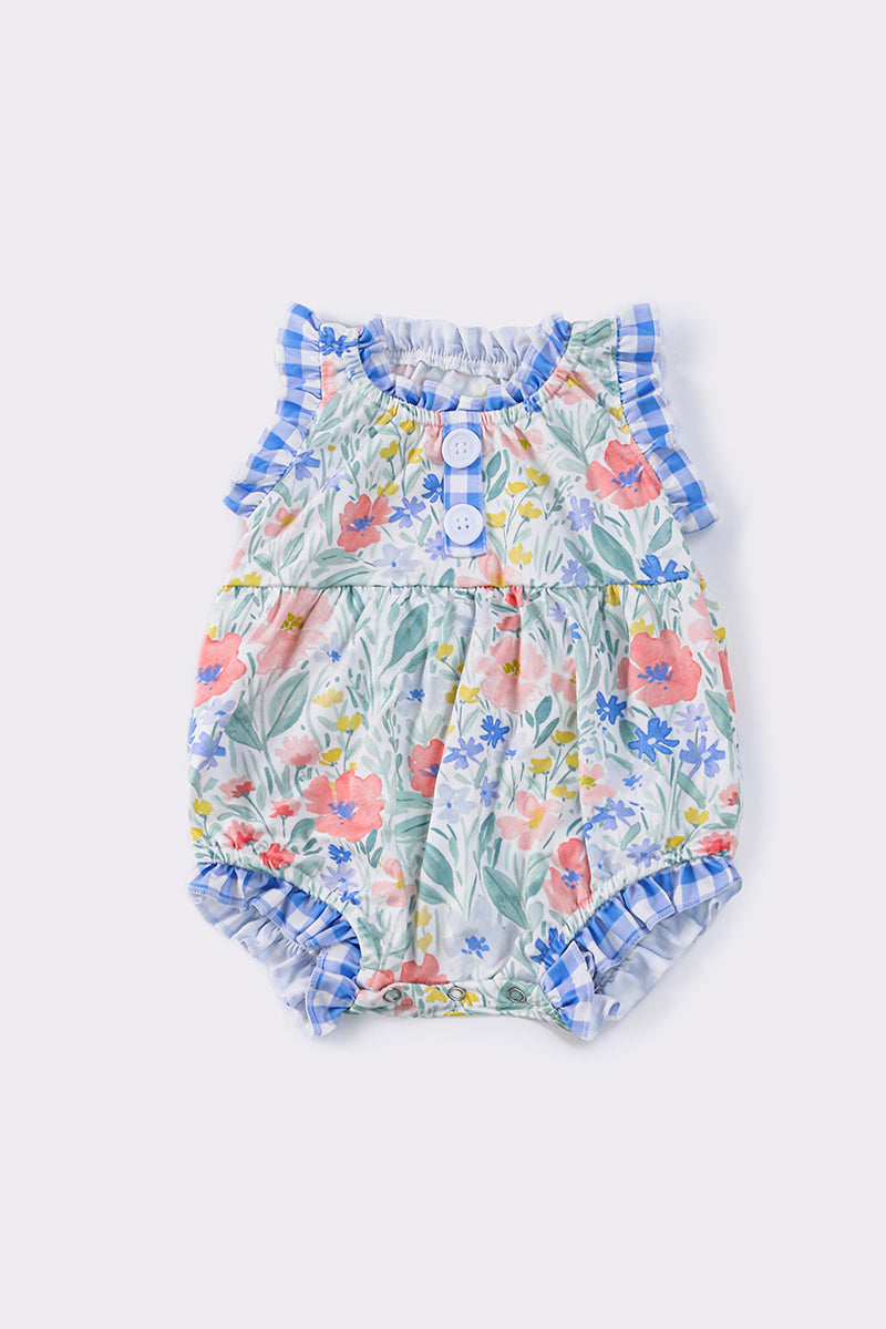 (Custom Design Preorder MOQ 5) Flowers Blue Plaid Print Baby Girls Summer Romper