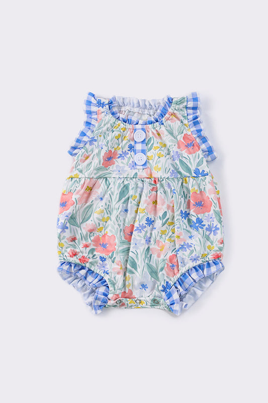 (Custom Design Preorder MOQ 5) Flowers Blue Plaid Print Baby Girls Summer Romper