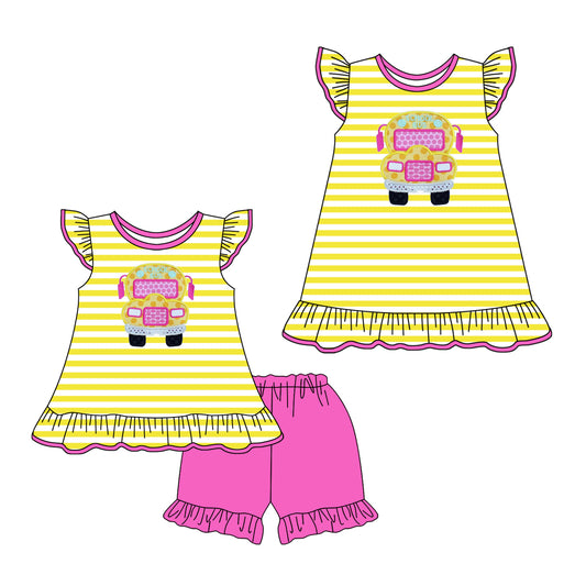 2.7(Custom Design Preorder MOQ 5 Each Design) School Bus Print Girls Back to School Matching Clothes Sisters Wear