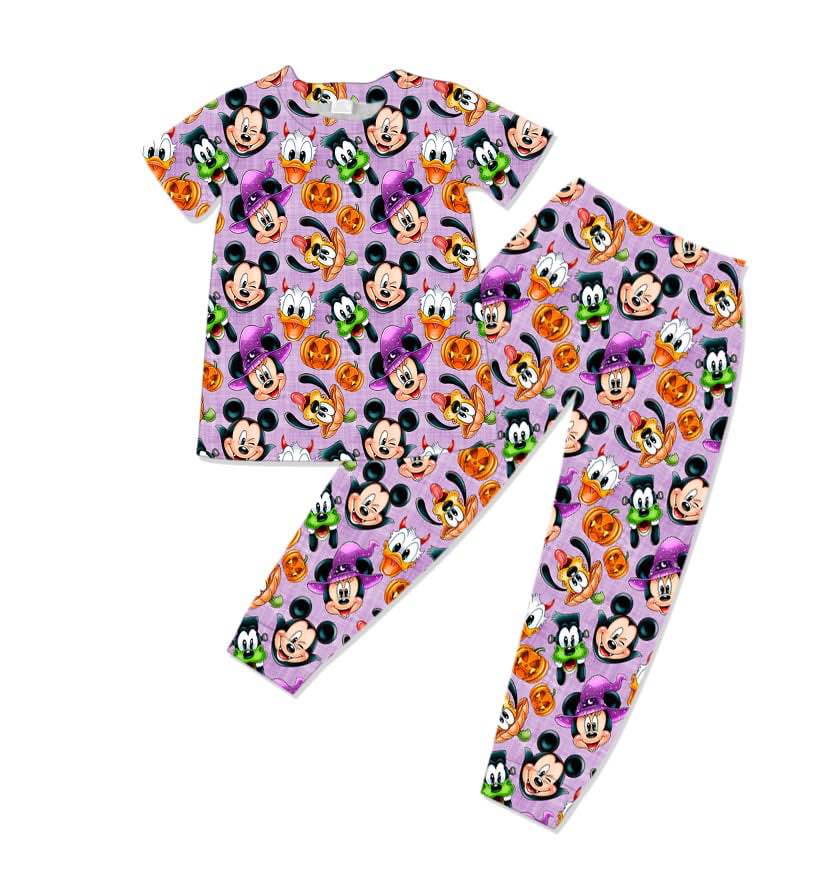 (Custom Design Preorder MOQ 5) Cartoon Animals Pumpkin Print Kids Halloween Bamboo Pajamas Clothes Set