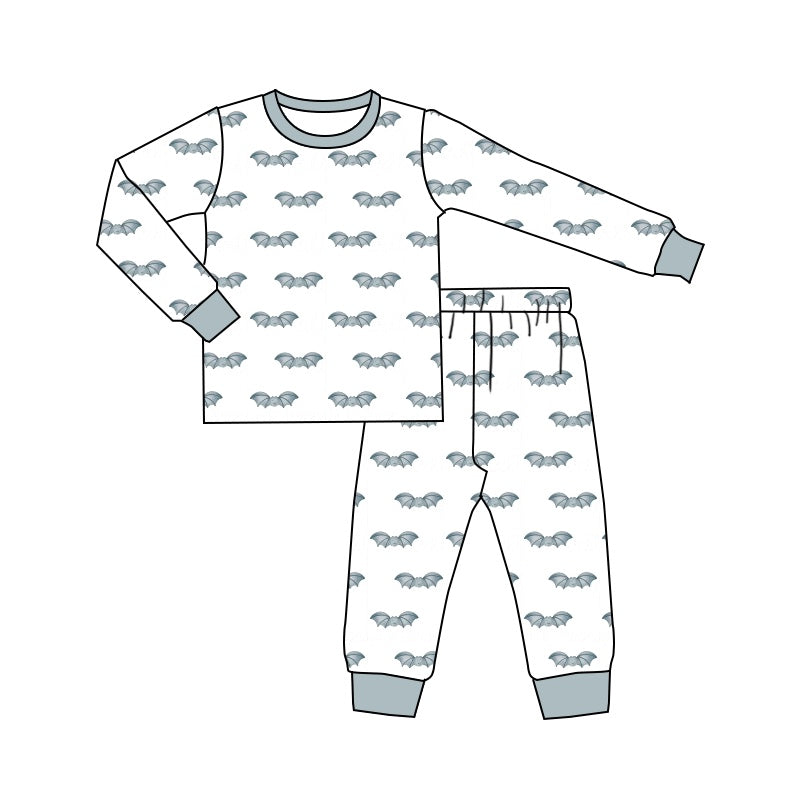 (Custom Design Preorder MOQ 5) Grey Bat Print Boys Halloween Pajamas Clothes Set