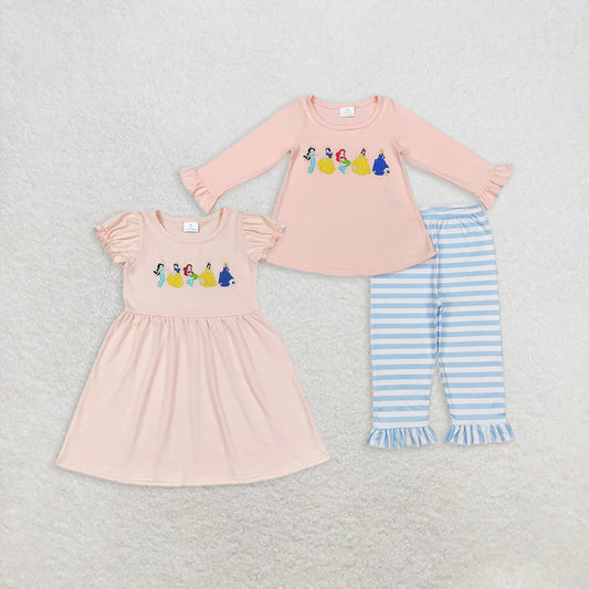 Pink Cartoon Princess Embroidery Girls Clothes Sisters Wear
