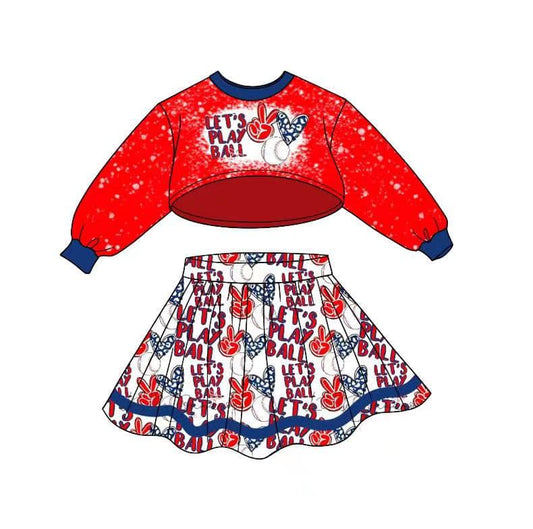 (Custom Design MOQ 5) Let's Play Ball Long Sleeve Top Skirts Girls Clothes Set