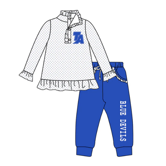 (Custom Design Preorder MOQ 5) Team's TA Pullover Top BLUE DEVILS Pants Girls Clothes Set