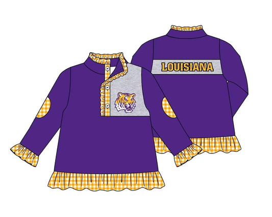 (Custom Design MOQ 5)  Girls purple team long sleeve button pullover shirts