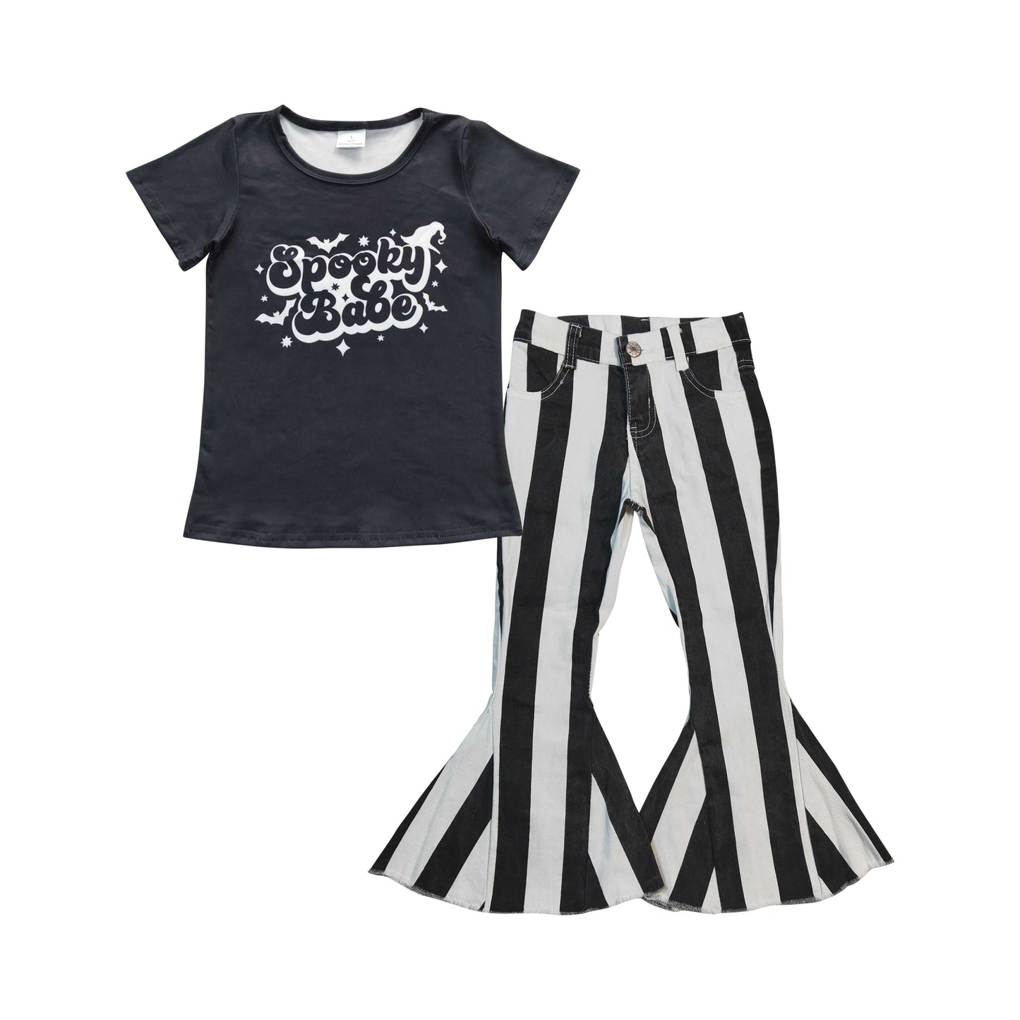 GSPO0695 Spooky babe black top black stripes denim bell pants girls Halloween clothes set