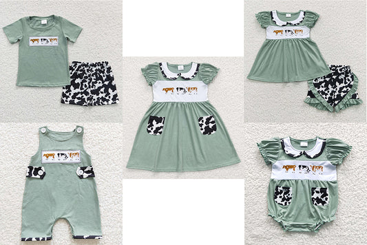 3 cow embroidery cotton matching clothes for siblings