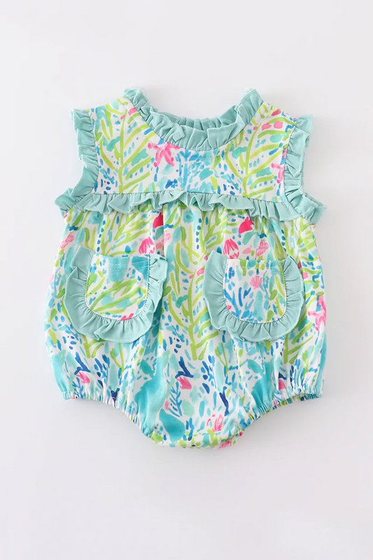 (Custom Design MOQ 5)  Light green flowers baby girls pockets summer romper