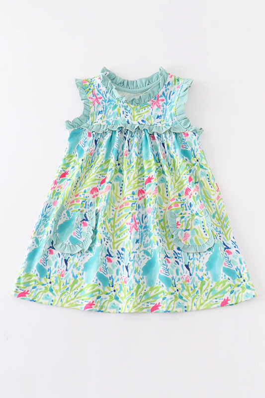 (Custom Design MOQ 5)  Light green flowers girls pockets summer dress