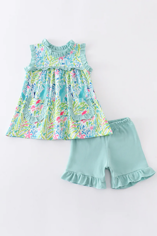 (Custom Design MOQ 5)  Light green flowers girls pockets summer outfits