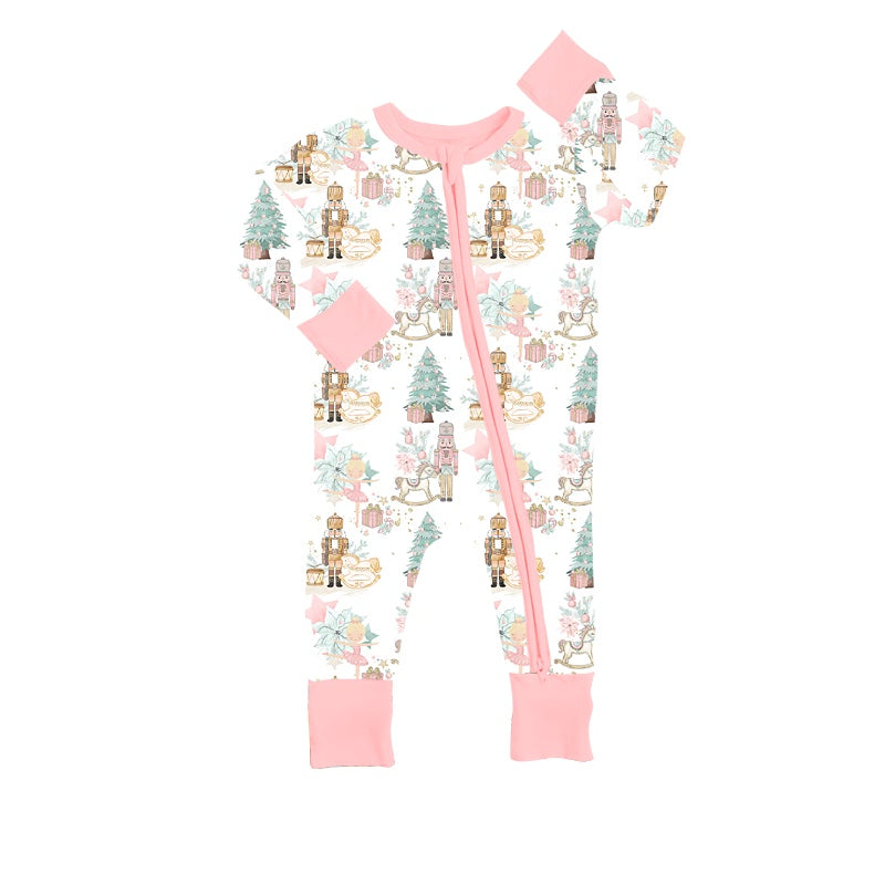 (Custom Design MOQ 5) Pink Christmas soldier baby girls zip romper