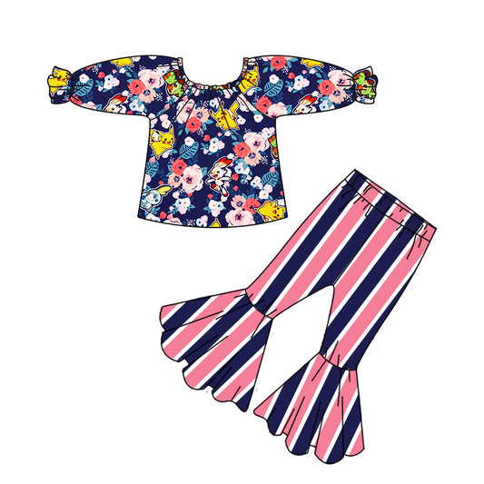 (Custom Design MOQ 5) Off shoulder flowers cartoon design stripes bell pants girls outfits
