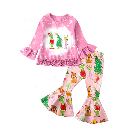(Custom Design MOQ 5) Pink Christmas forg print bell pants girls clothes set