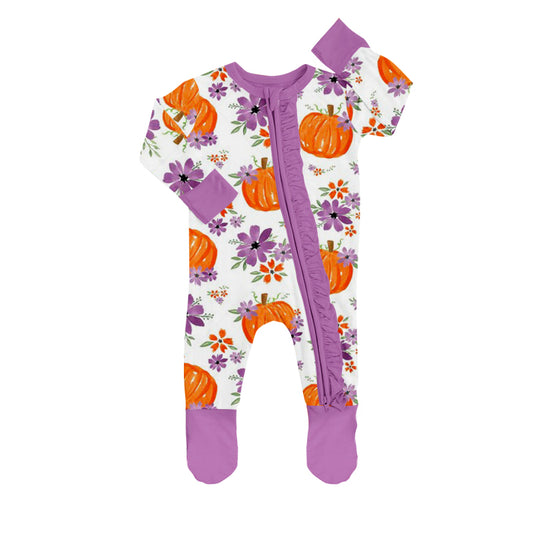 (Custom Design MOQ 5) Purpler flowers pumpkin baby girls zipper romper
