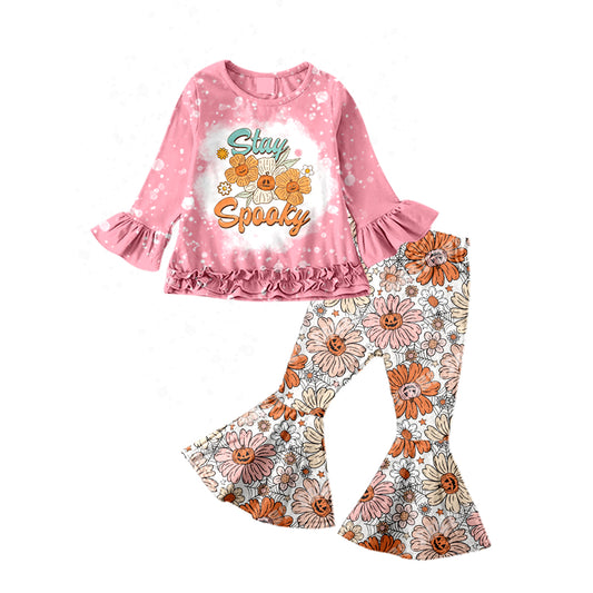 (Custom Design MOQ 5) Stay spooky pumpkin flowers print bell pants girls clothes set