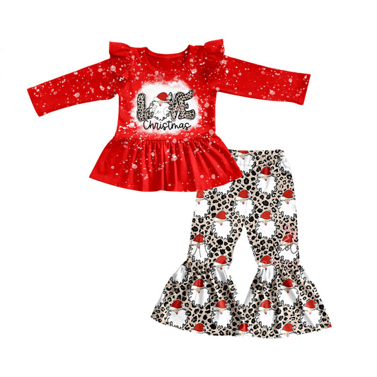 (Custom Design MOQ 5) Red Christmas santa leopard print bell pants girls clothes set