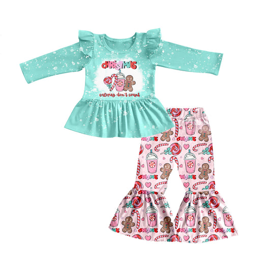 (Custom Design MOQ 5) Aqua Christmas gingersnap candy print bell pants girls clothes set