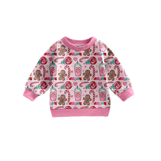 (Custom Design MOQ 5) Pink Christmas gingersnap candy print girls T-shirt top