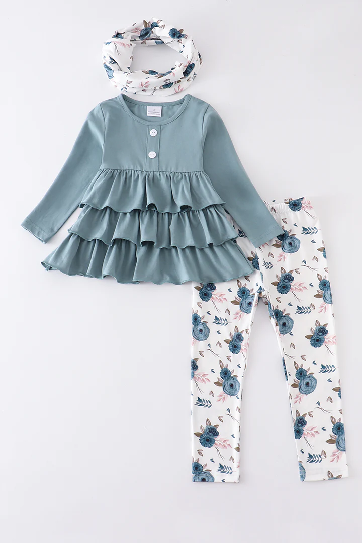 (Custom Design MOQ 5)  Grey cotton ruffles tunic top flowers legging pants girls 3 pieces clothes set