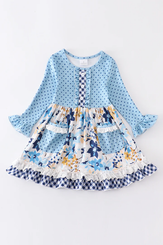 (Custom Design MOQ 5)  Blue flowers baby girls pockets knee length dress