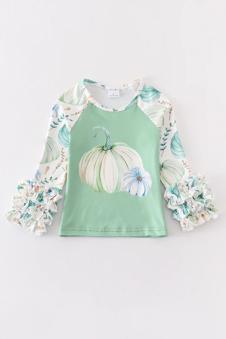 (Custom Design MOQ 5) Aqua pumpkin print girls T-shirt top