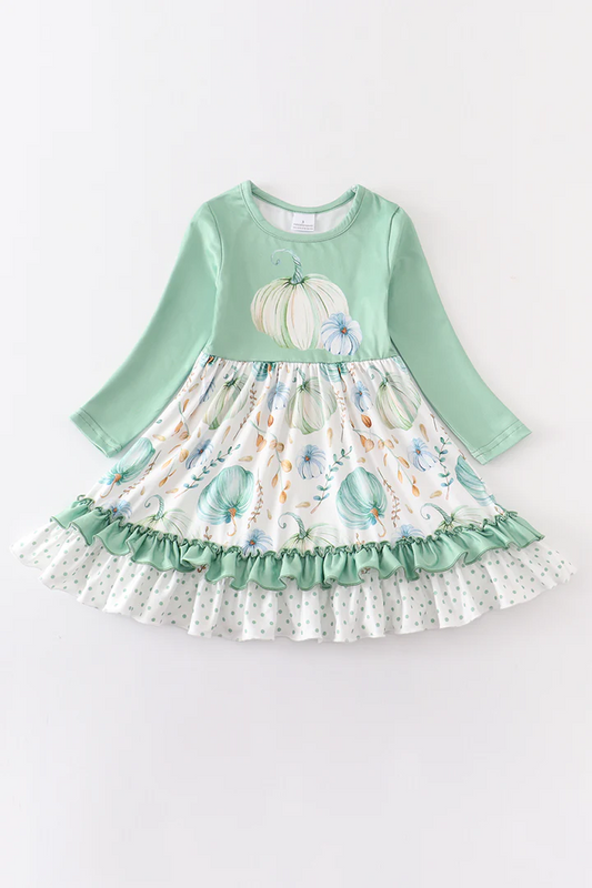 (Custom Design MOQ 5)  Aqua pumpkin baby girls ruffles knee length dress