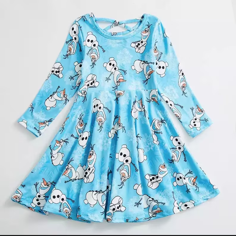 (Custom Design MOQ 5) Blue cartoon snowman print knee length dress