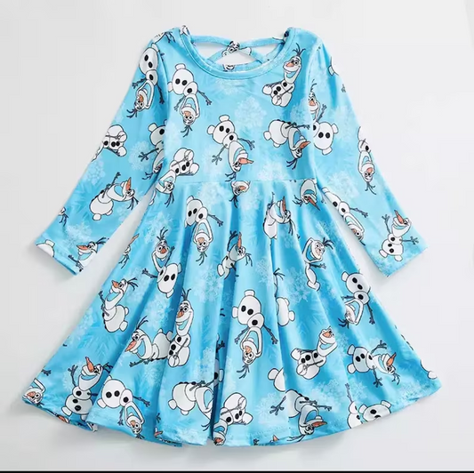 (Custom Design MOQ 5) Blue cartoon snowman print knee length dress