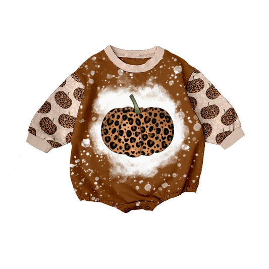 (Custom Design MOQ 5) Brown leopard pumpkin print fall baby girls romper