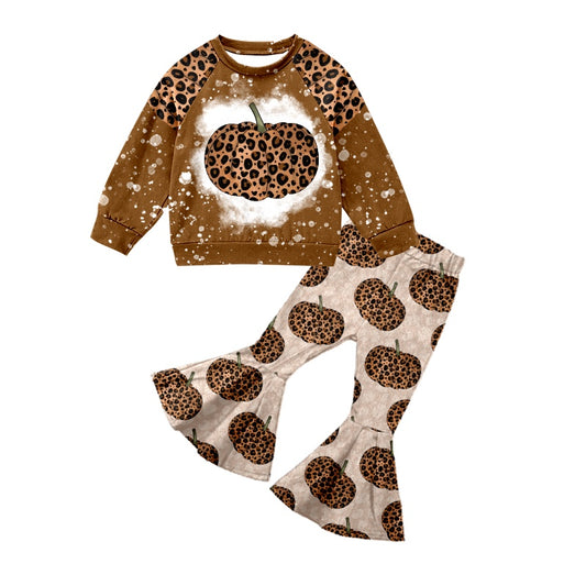 (Custom Design MOQ 5) Brown leopard pumpkin print girls fall clothes set