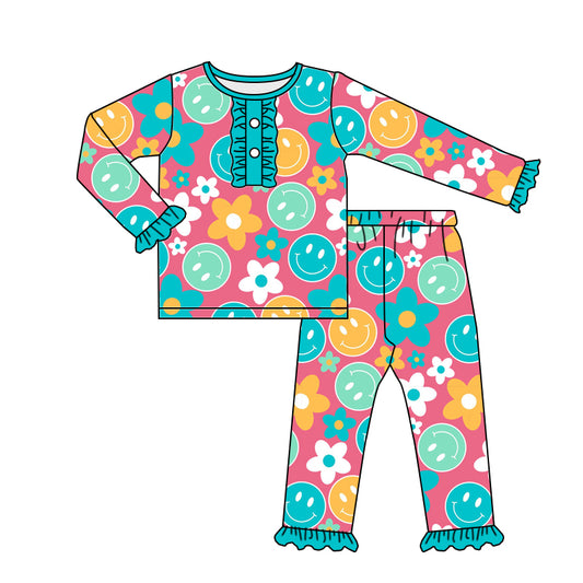 (Custom Design Preorder MOQ 5) Flowers Smiling Print Girls Pajamas Bamboo Clothes Set