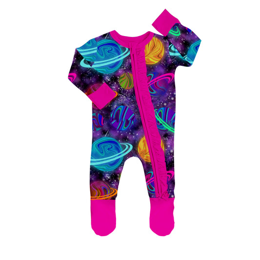 (Custom Design MOQ 5) Baby girls Planet print zipper romper