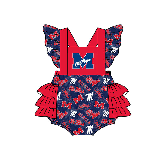 (Custom Design MOQ 5) Red and blue football team's design baby girls bubble romper