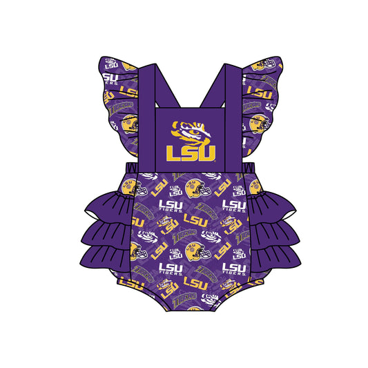 (Custom Design MOQ 5) Purple football team's design baby girls bubble romper