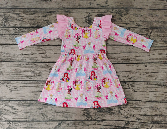 (Custom Design MOQ 5)  Pink princess print baby girls knee length dress