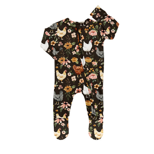 (Custom Design MOQ 5) Baby girls flowers chicken print zipper footed romper