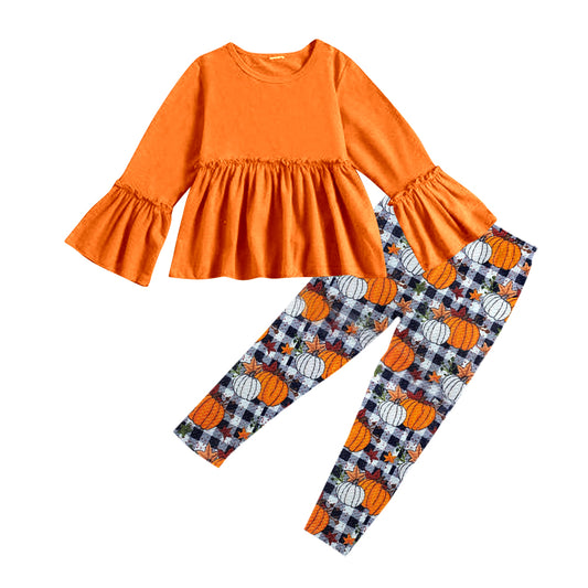 (Custom Design MOQ 5) Orange tunic top pumpkin legging pants girls fall clothes set