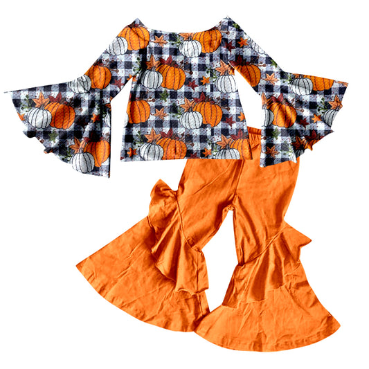 (Custom Design MOQ 5) Off shoulder pumpkin top orange bell bottom pants girls fall clothes set