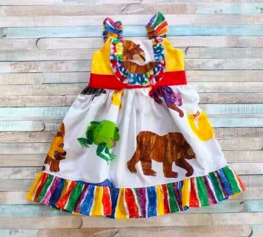 (Custom Design MOQ 5) What can you see animals colorful stripes print knee length dress