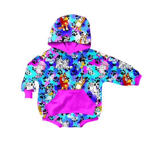 (Custom Design MOQ 5) Cartoon dog tie-dye baby girls hoodie romper