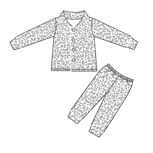 (Custom Design MOQ 5) Kids grey white leopard fall button pajamas