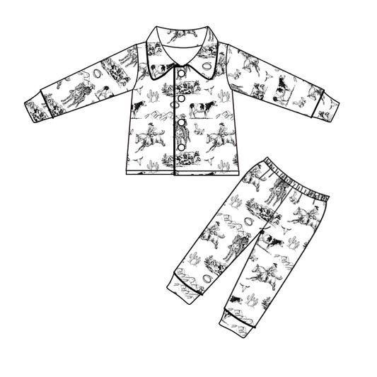 (Custom Design MOQ 5) Kids white cowboy western fall button pajamas