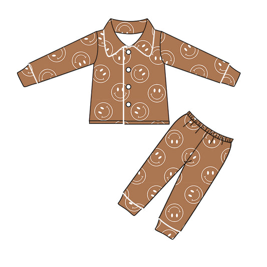 (Custom Design MOQ 5) Kids brown smile face fall button pajamas