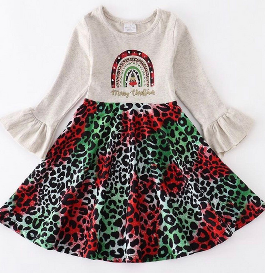 (Custom Design MOQ 5) Merry Christmas rainbow print top leopard knee length dress