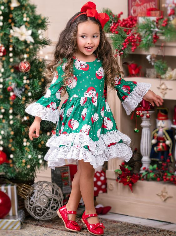 (Custom Design MOQ 5) Green Christmas Santa print girls cotton lace dress