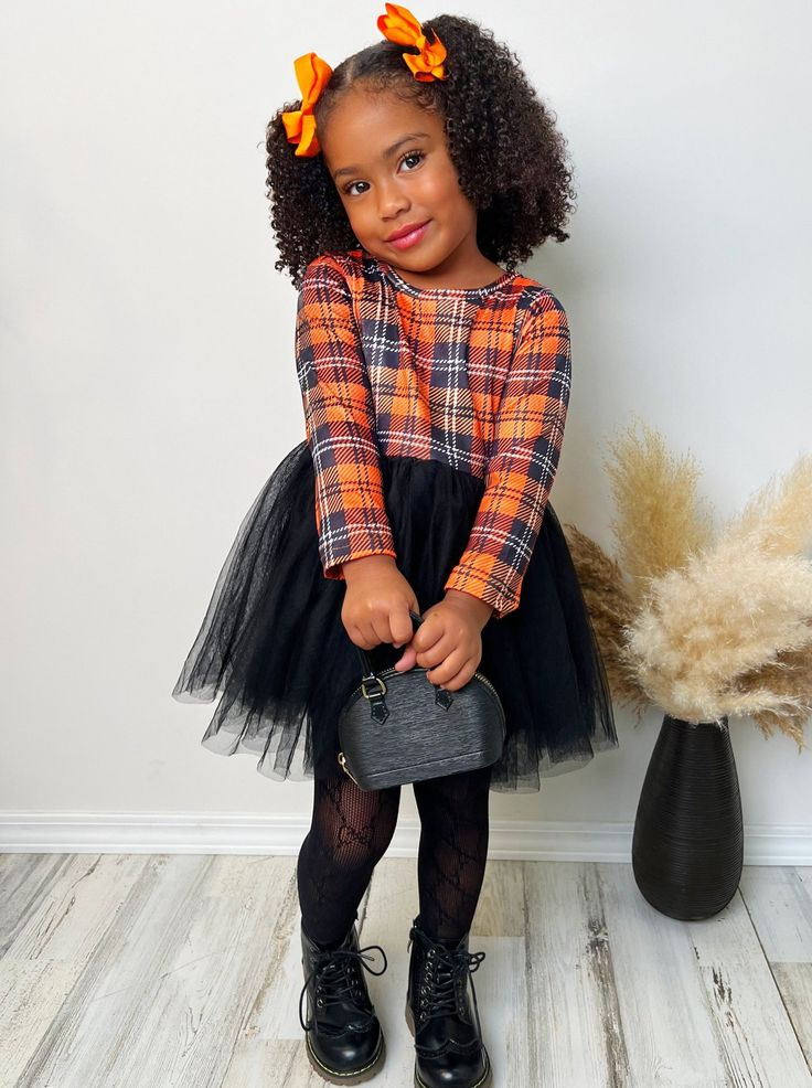 (Custom Design MOQ 5) Orange plaid top black tulle girls fall dress